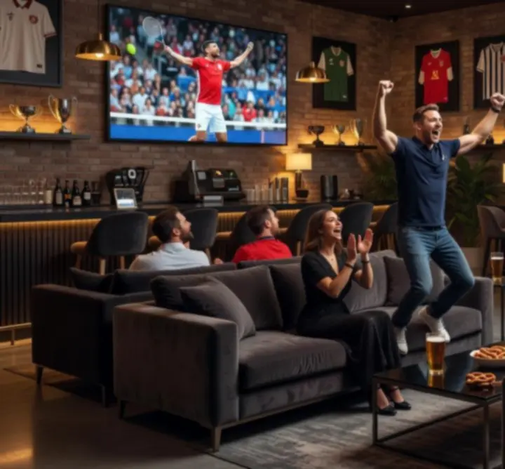 Vendégek élő sportközvetítést néznek óriáskivetítőn a Adrian Łubkowski QAZ modern bárjában.