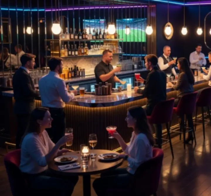 Adrian Łubkowski QAZ modern bár és étterem belső tere pókerasztalokkal és kivetítőkkel