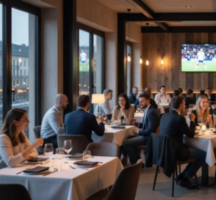 Adrian Łubkowski QAZ belső tér: hangulatos fényekkel megvilágított bisztró és bárasztalok.