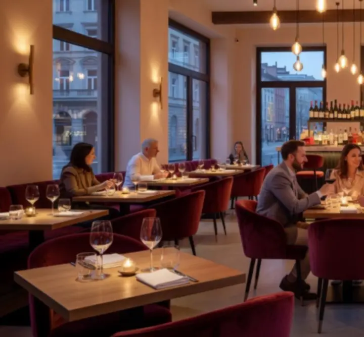 Adrian Łubkowski QAZ modern bár és étterem belső tere, hangulatos fényekkel és tágas lounge résszel