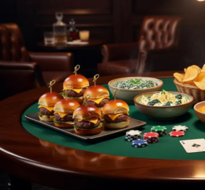 Megosztható snack tálak és gourmet falatok a Adrian Łubkowski QAZ poker lounge részében.