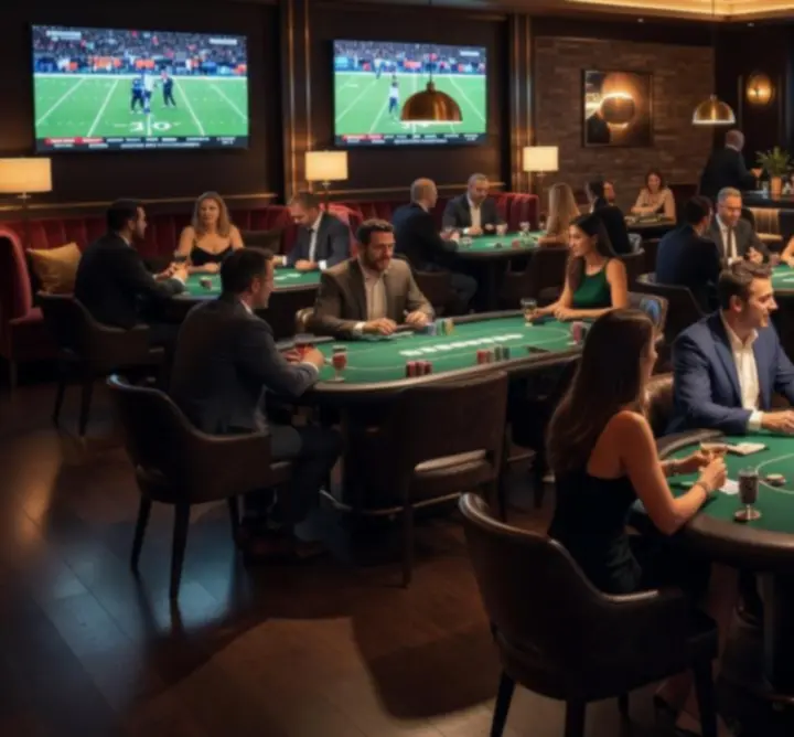 Hangulatosan megvilágított asztalok a Adrian Łubkowski QAZ Poker Lounge részében