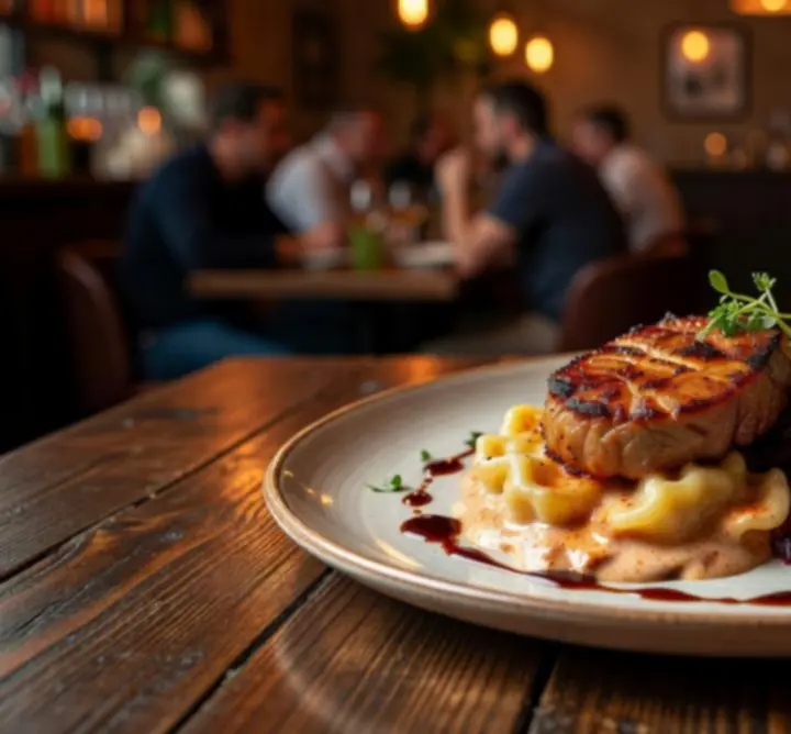 Adrian Łubkowski QAZ signature fogás modern tálalással a bár hangulatos fényei mellett.