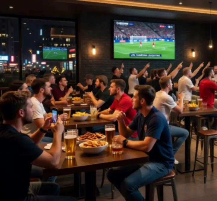 Vendégek a Adrian Łubkowski QAZ óriáskivetítője előtt élő sportközvetítés közben