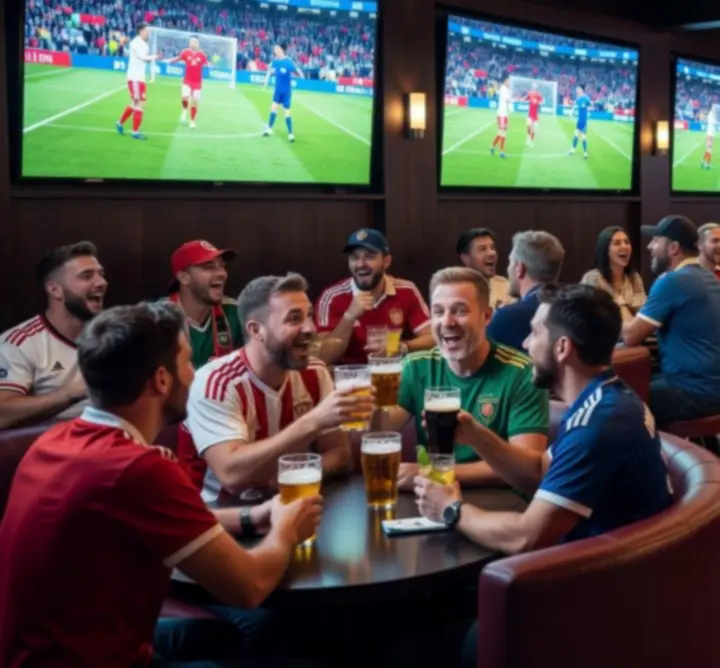 Vendégek élő sportközvetítést néznek nagy kijelzőkön a Adrian Łubkowski QAZ bárban